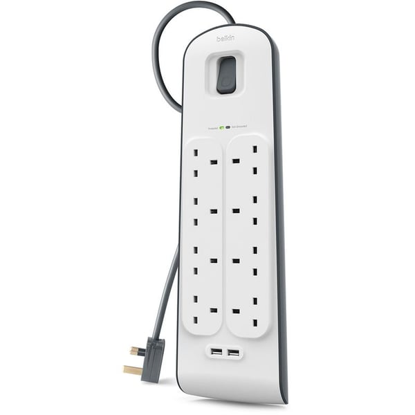 Belkin 8 Way/8 Plug Surge Protection Strip With 2 Meters Cord Length - Heavy Duty Electrical Extension Socket With 2 X 2.4 A Shared USB Ports
