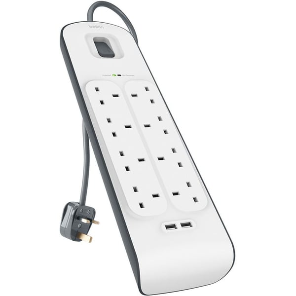 Belkin 8 Way/8 Plug Surge Protection Strip With 2 Meters Cord Length - Heavy Duty Electrical Extension Socket With 2 X 2.4 A Shared USB Ports