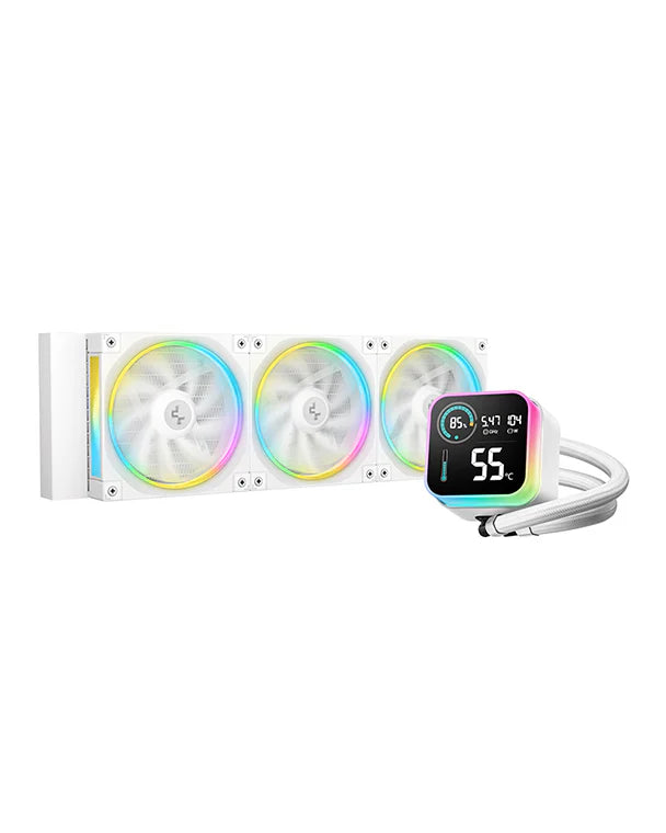 DeepCool LQ360 AIO Liquid CPU Cooler, Segment LCD Display, 360mm Radiator, 2400 RPM Fan Speed, 72.04 CFM Fan Airflow, Hydro Bearing Type, Anti-Leak Technology, White