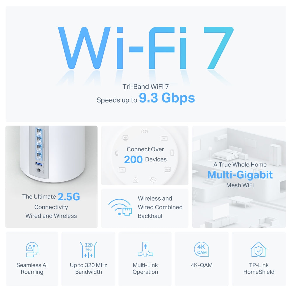 TP-LINK Deco BE65 Whole Home Mesh Wi-Fi 7 System, Dual Band, Speed up to 9.3 Gbps, 3 Pack, White
