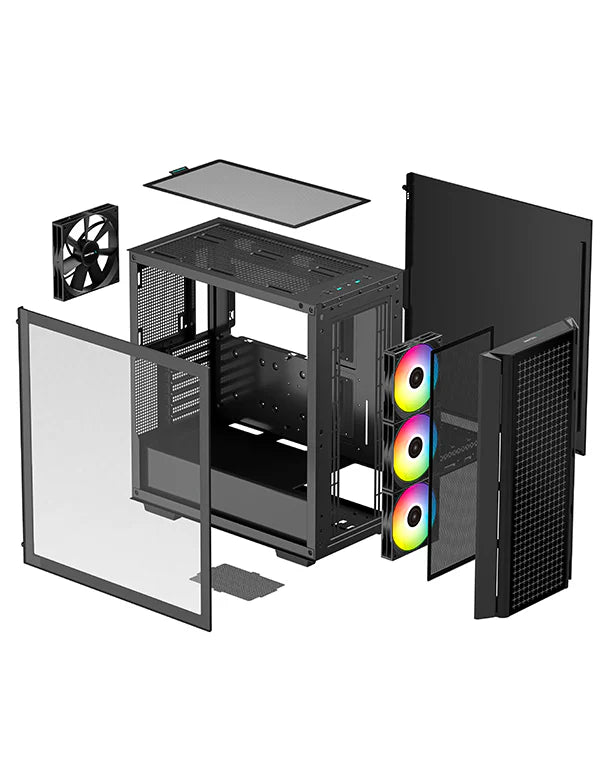 DeepCool CG540 Mid Tower Tempered Glass Side & Front Window Panel Case, 175mm, Addressable RGB LED Fans, 2xUSB 3.0, ATX PS2, Black.