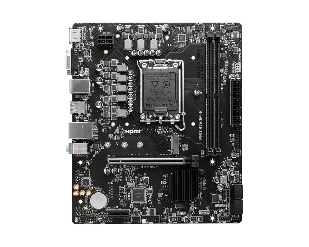 MSI PRO B760M-E, Micro-ATX Motherboard, Supports 14th/13th/12th Gen Intel Core Processors, LGA 1700 - DDR5 Memory Boost 5600MHz, PCIe 4.0 x16 Slot, M.2 Gen4 Slot-GC