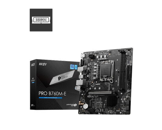 MSI PRO B760M-E, Micro-ATX Motherboard, Supports 14th/13th/12th Gen Intel Core Processors, LGA 1700 - DDR5 Memory Boost 5600MHz, PCIe 4.0 x16 Slot, M.2 Gen4 Slot-GC