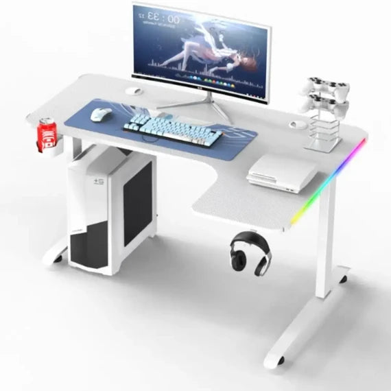 L-Shaped Carbon Fiber Gaming Computer Desk with RGB LED Lighting, Cup Holder, and Headphone Hook (White), GAMLS160-RIGHT