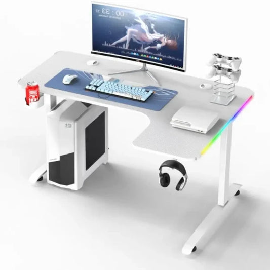L-Shaped Carbon Fiber Gaming Computer Desk with RGB LED Lighting, Cup Holder, and Headphone Hook (White), GAMLS160-RIGHT