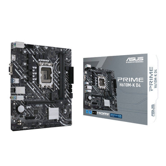 Asus Prime H610M-K D4 Mic ATX Motherboard, DDR4 Support, LGA 1700, PCIe 4.0, M.2 Slot, Realtek 1Gb Ethernet, HDMI, D-Sub, USB 3.2 Gen, SATA 6 Gbps, COM/RGB Header, 5X Protection III.