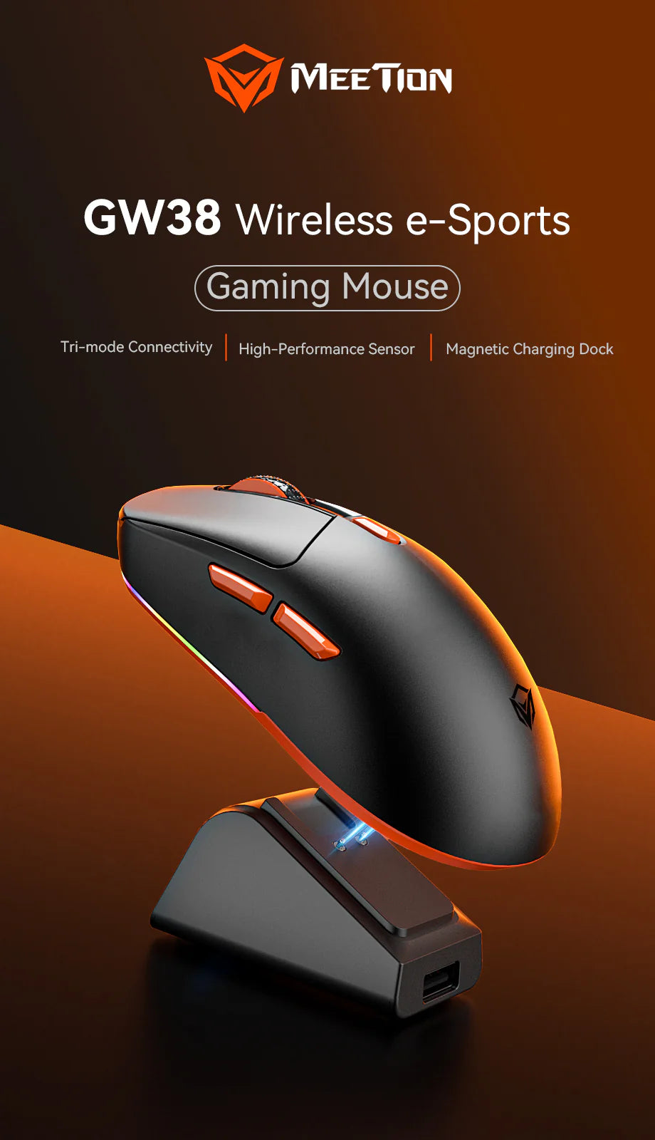 "MT-GW38" MEETION Wireless Tri-Mode Mouse with Magnetic Charging Dock-Black