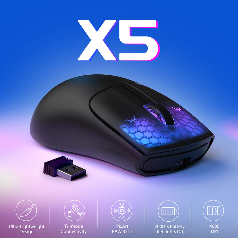 ATTACK SHARK X5 Ultra-Lightweight Wireless Black Gaming Mouse, 49g, Tri-Mode (2.4GHz/BT/Wired)