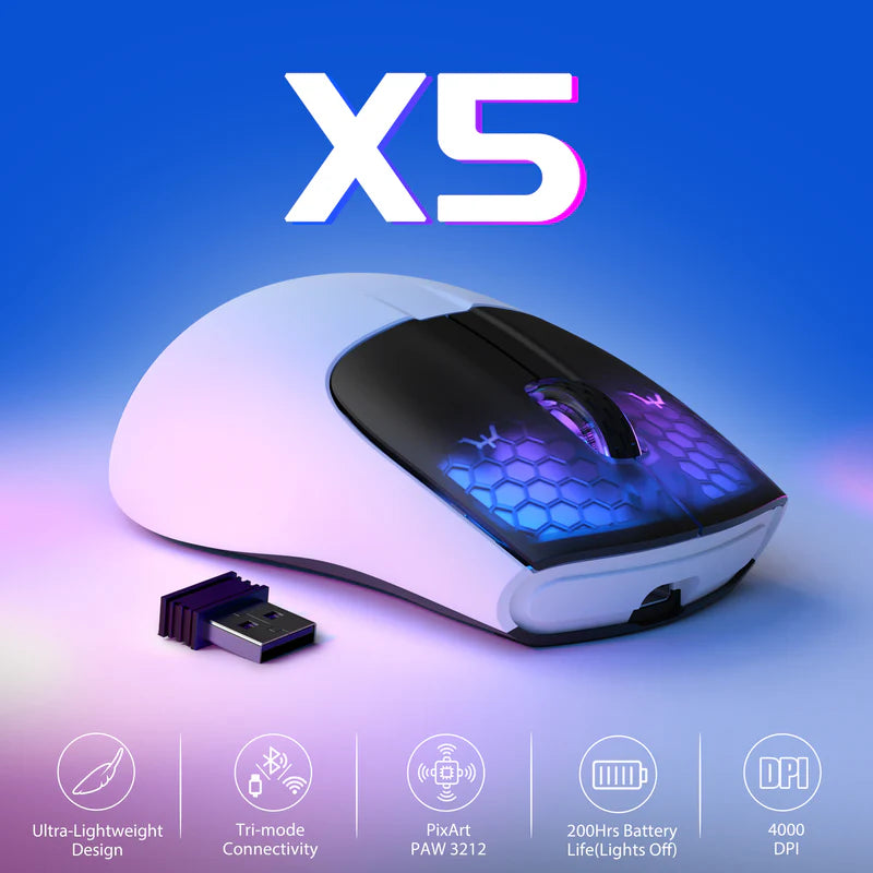 ATTACK SHARK X5 Wireless 49g Ultralight Tri-mode 2.4Ghz/USB-C Wired/Bluetooth Gaming Mouse-White