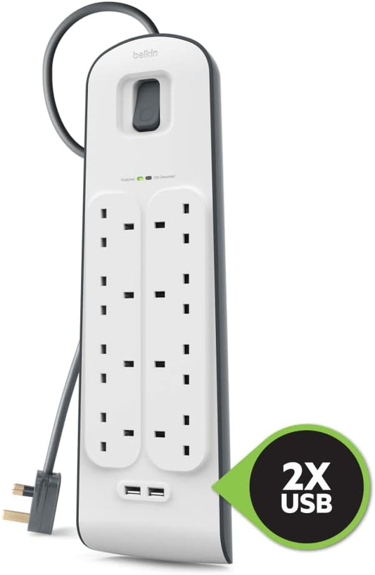 Belkin 8 Way/8 Plug Surge Protection Strip With 2 Meters Cord Length - Heavy Duty Electrical Extension Socket With 2 X 2.4 A Shared USB Ports