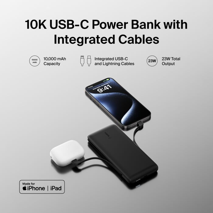 Belkin Boost Charge Plus 10K Portable Charger Power Bank, 10,000 mAh with Integrated Lightning (MFI) and Integrated USB-C Cables and Additional USB-C Charging Port - Black