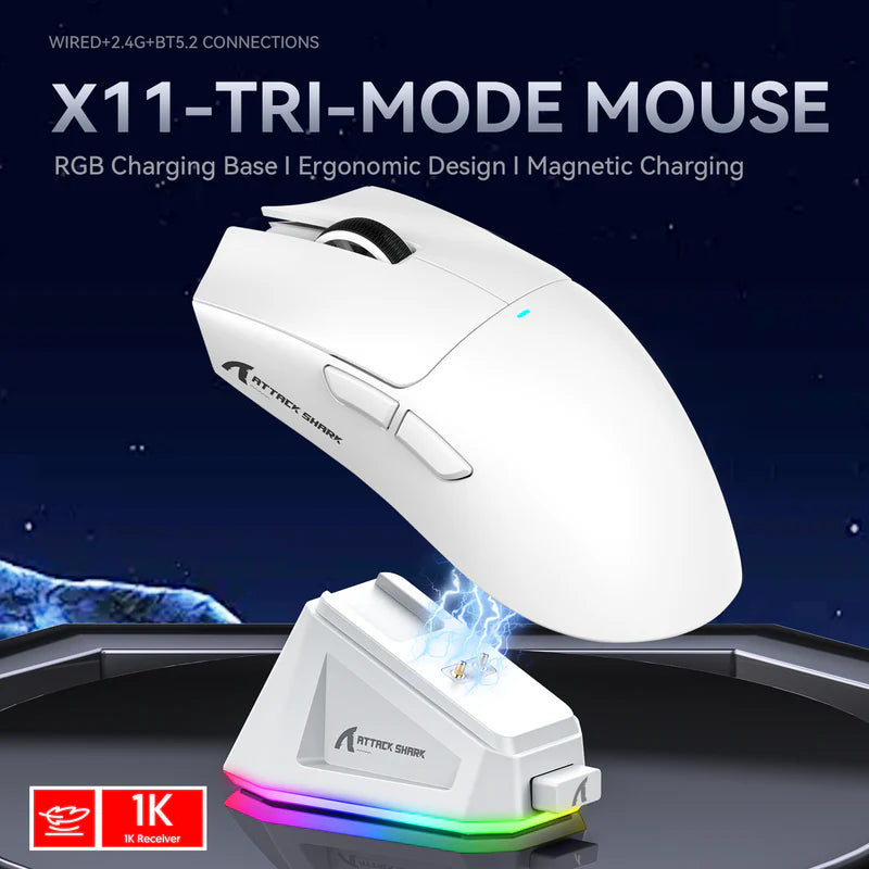 ATTACK SHARK X11 Lightweight Wireless Gaming Mouse with RGB Charging Dock,Tri-Mode-2.4G/USB-C Wired/BT,22K DPI,PAW3311 Optical Sensor,HUYU Switch, 5 programmable Buttons for PC,Mac-White