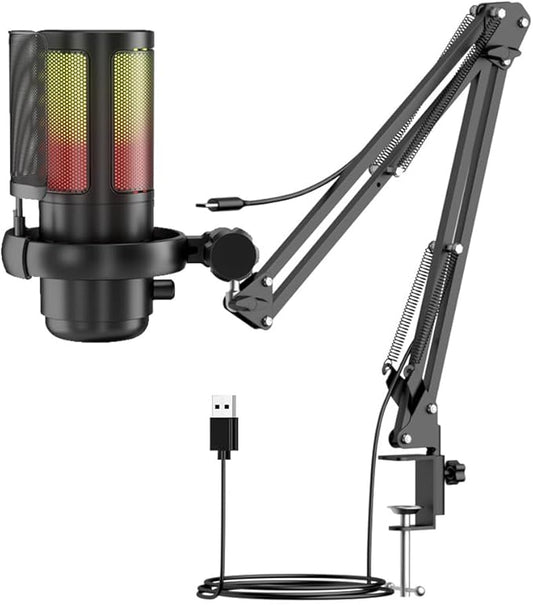 PC USB Gaming Microphone, Podcast Condenser Mic with Boom Arm, Pop Filter, Mute Button for Streaming, Online Chat, RGB Computer Mic for PS4/5 PC Gamer Youtuber(Black) - Games Corner Games Corner