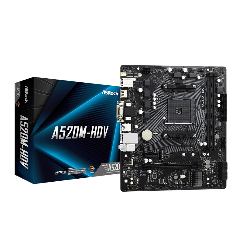 ASRock A520M-HDV AM4 AMD A520 SATA 6Gb/s Micro ATX AMD Motherboard-GC
