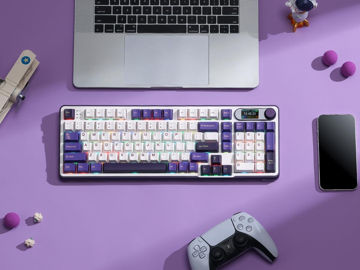 RK Royal KLUDGE S98 Mechanical Keyboard with Smart Display & Knob, Top Mount 96% Wireless Mechanical Keyboard BT ,2.4G ,USB-C, Hot Swappable, Software Support, Massive Battery, 98 Keys-Lavender Purple