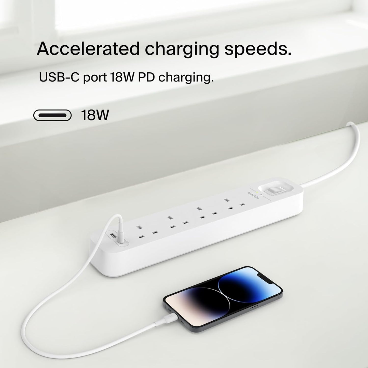 Belkin 4-Outlet Surge Protector Power Strip, Wall-Mountable with 4 AC Outlets, 2M Power Cord, & Green Indicator Light - USB-C Port & USB-A Port w/USB-C PD Fast Charging - 525 Joules of Protection