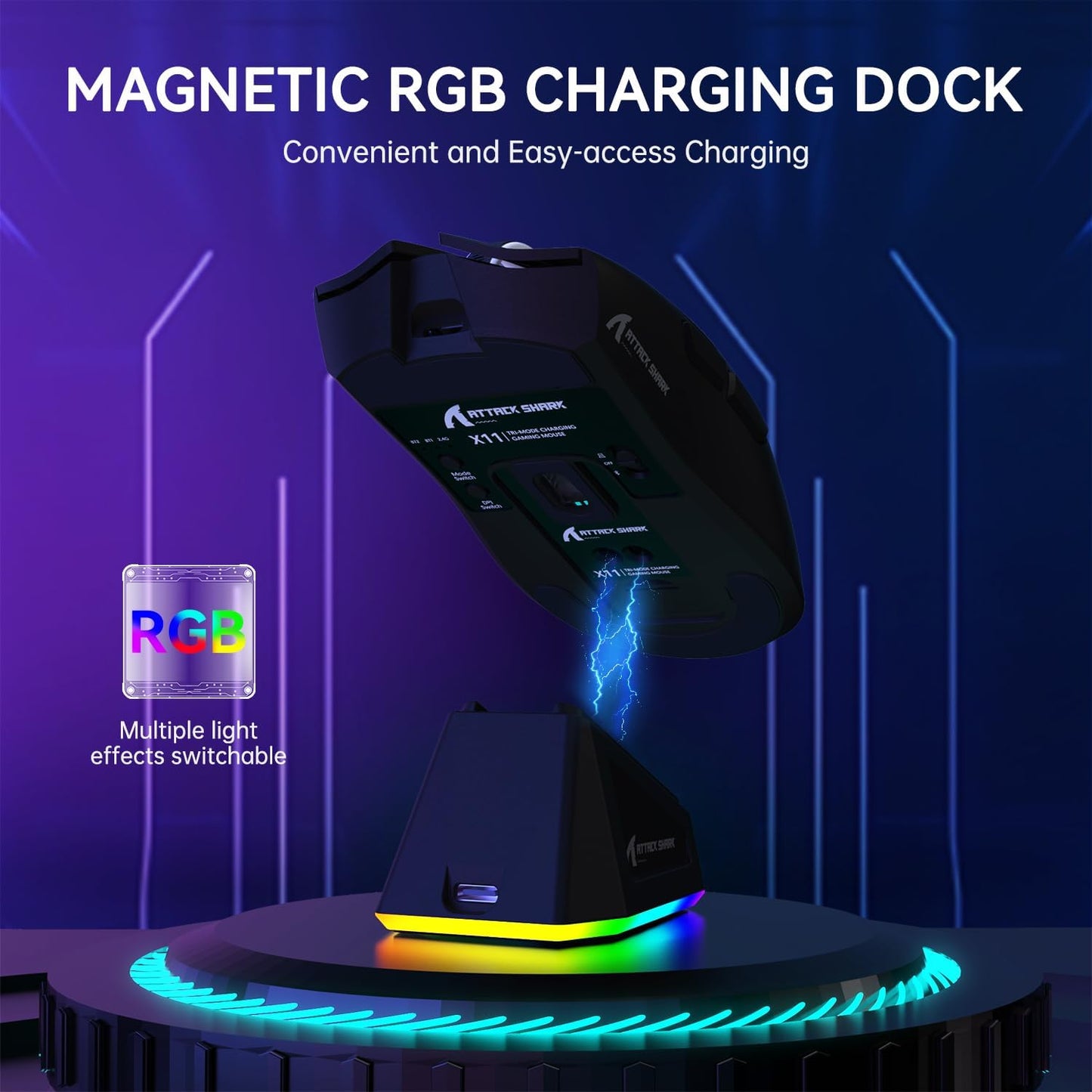 ATTACK SHARK X11 Lightweight Wireless Gaming Mouse with RGB Charging Dock,Tri-Mode-2.4G/USB-C Wired/BT,22K DPI,PAW3311 Optical Sensor,HUYU Switch, 5 programmable Buttons for PC,Mac-Black