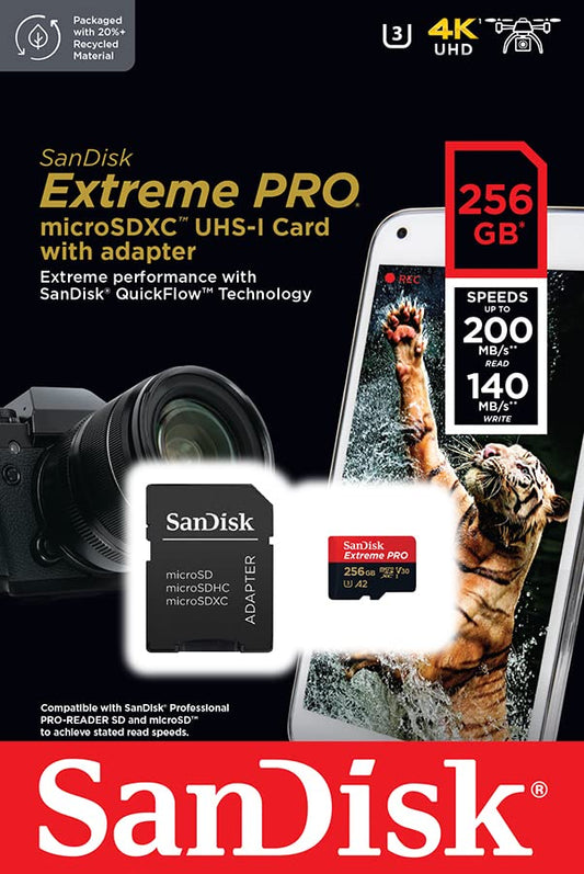 SanDisk Extreme Pro 256GB microSDXC UHS-I, V30, 200MB/s Read, 140MB/s Write, Memory Card