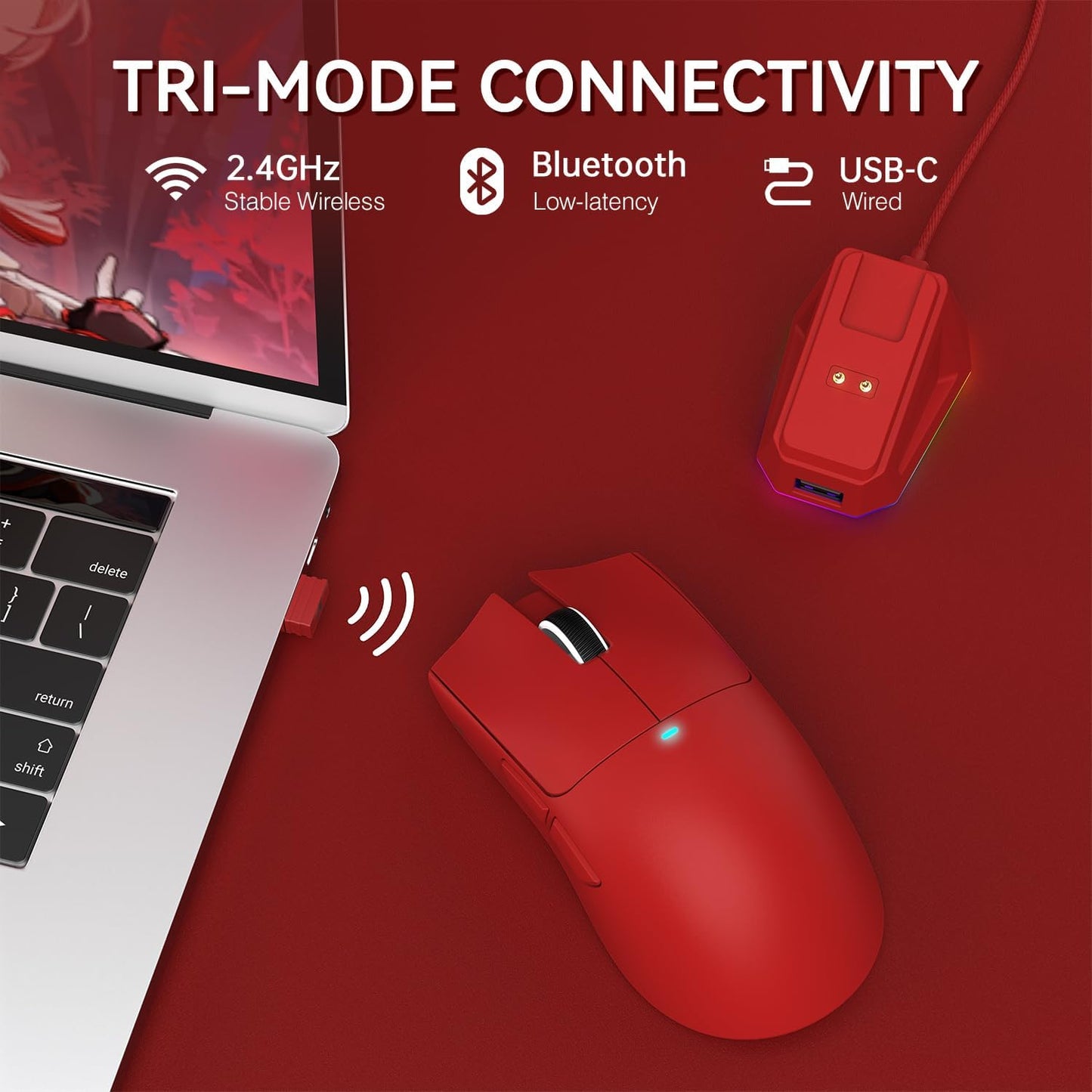 ATTACK SHARK X11 Lightweight Wireless Gaming Mouse with RGB Charging Dock,Tri-Mode-2.4G/USB-C Wired/BT,22K DPI,PAW3311 Optical Sensor,HUYU Switch, 5 programmable Buttons for PC,Mac-Red