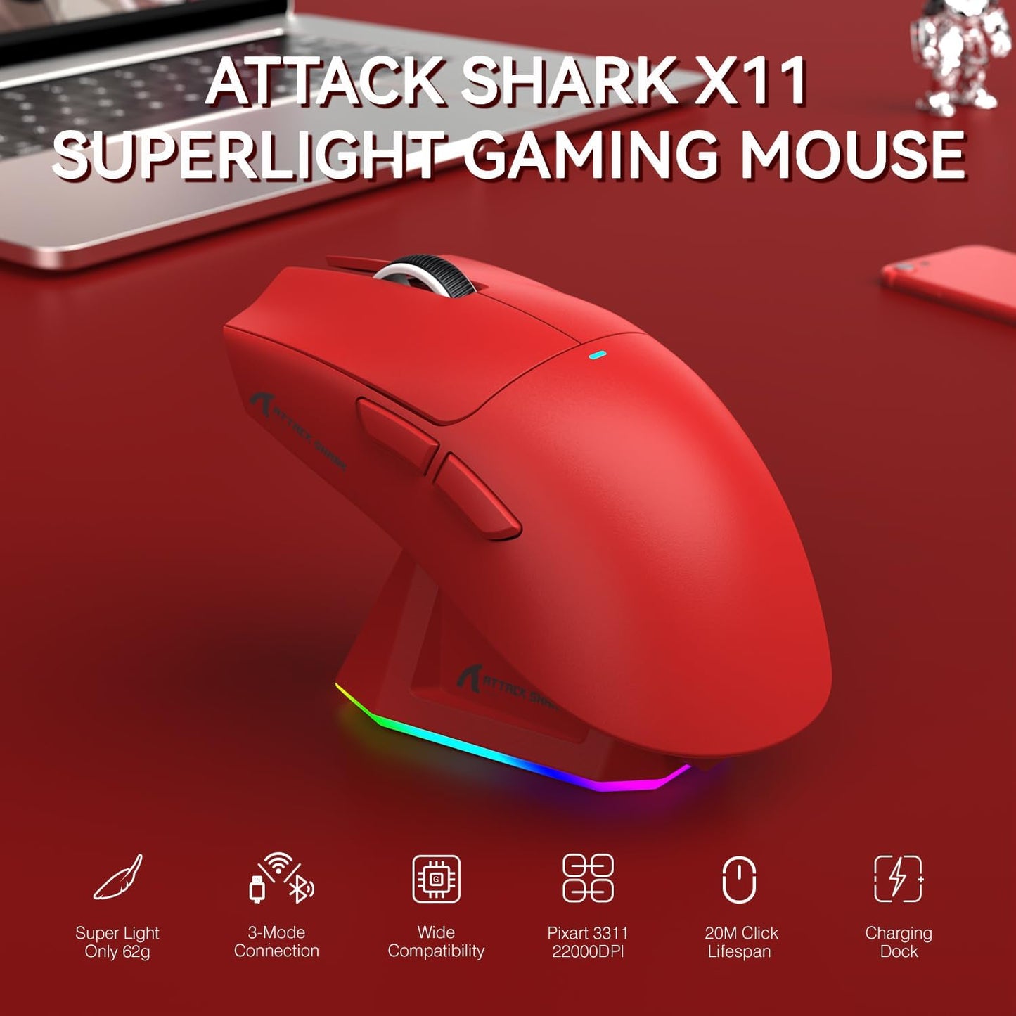 ATTACK SHARK X11 Lightweight Wireless Gaming Mouse with RGB Charging Dock,Tri-Mode-2.4G/USB-C Wired/BT,22K DPI,PAW3311 Optical Sensor,HUYU Switch, 5 programmable Buttons for PC,Mac-Red