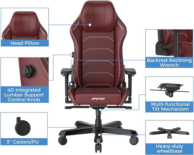 DXRacer 1238S Master Series Gaming Chair, Microfiber Leather, 4D Armrests, Multi-functional Tilt, 3" Casters, High Density Mold Shaping Foam, 220lbs Recommended Weight, Red | MAS-I238S-R-A3