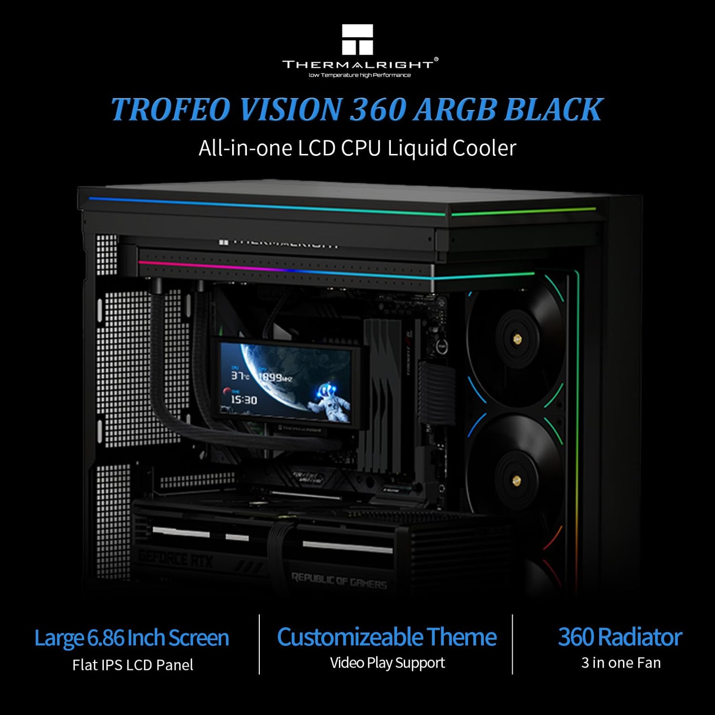 Thermalright Trofeo Vision 360 ARGB Black CPU Liqud Cooler,6.86-inch Magnetic IPS LCD Screen with 2400x1080 Resolution,Free to DIY a Variety of Themes,Liquid CPU Cooler for AM4/AM5,Intel LGA1700/1851