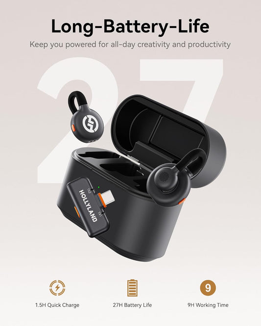 Hollyland Lark M2S Wireless Lavalier Microphone with USB-C plug for iPhone 15/16 and Android, Titanium Clip, Plug-and-Play, Noise Cancelling, 300m Range, 27H Battery Life for Vlogging, YouTube