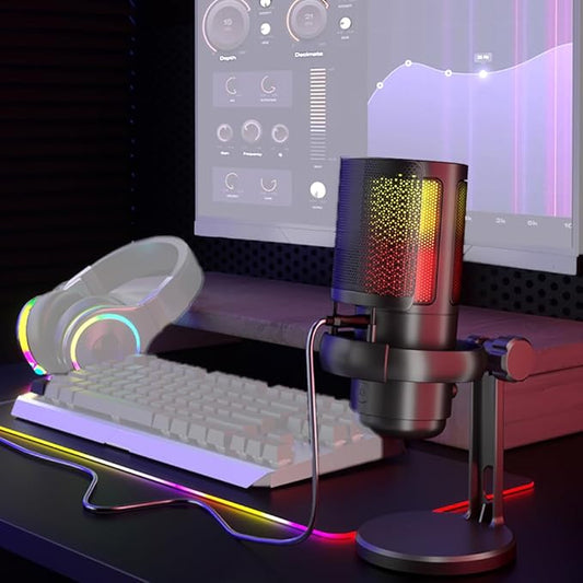 PC USB Gaming Microphone, Podcast Condenser Mic with Boom Arm, Pop Filter, Mute Button for Streaming, Online Chat, RGB Computer Mic for PS4/5 PC Gamer Youtuber(Black)