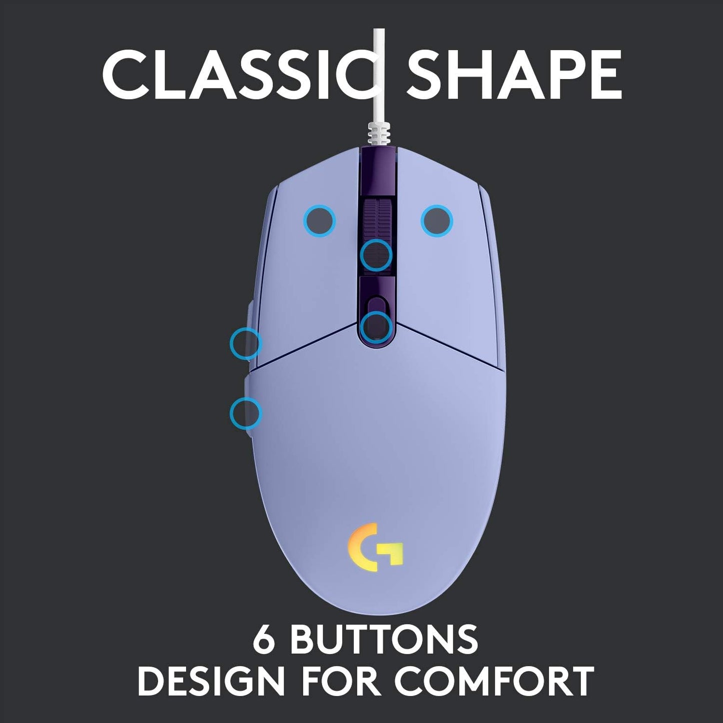 Logitech G203 Wired Gaming Mouse, 8,000 DPI, Rainbow Optical Effect LIGHTSYNC RGB, 6 Programmable Buttons, On-Board Memory, Screen Mapping, PC/Mac Computer and Laptop Compatible-Lilac