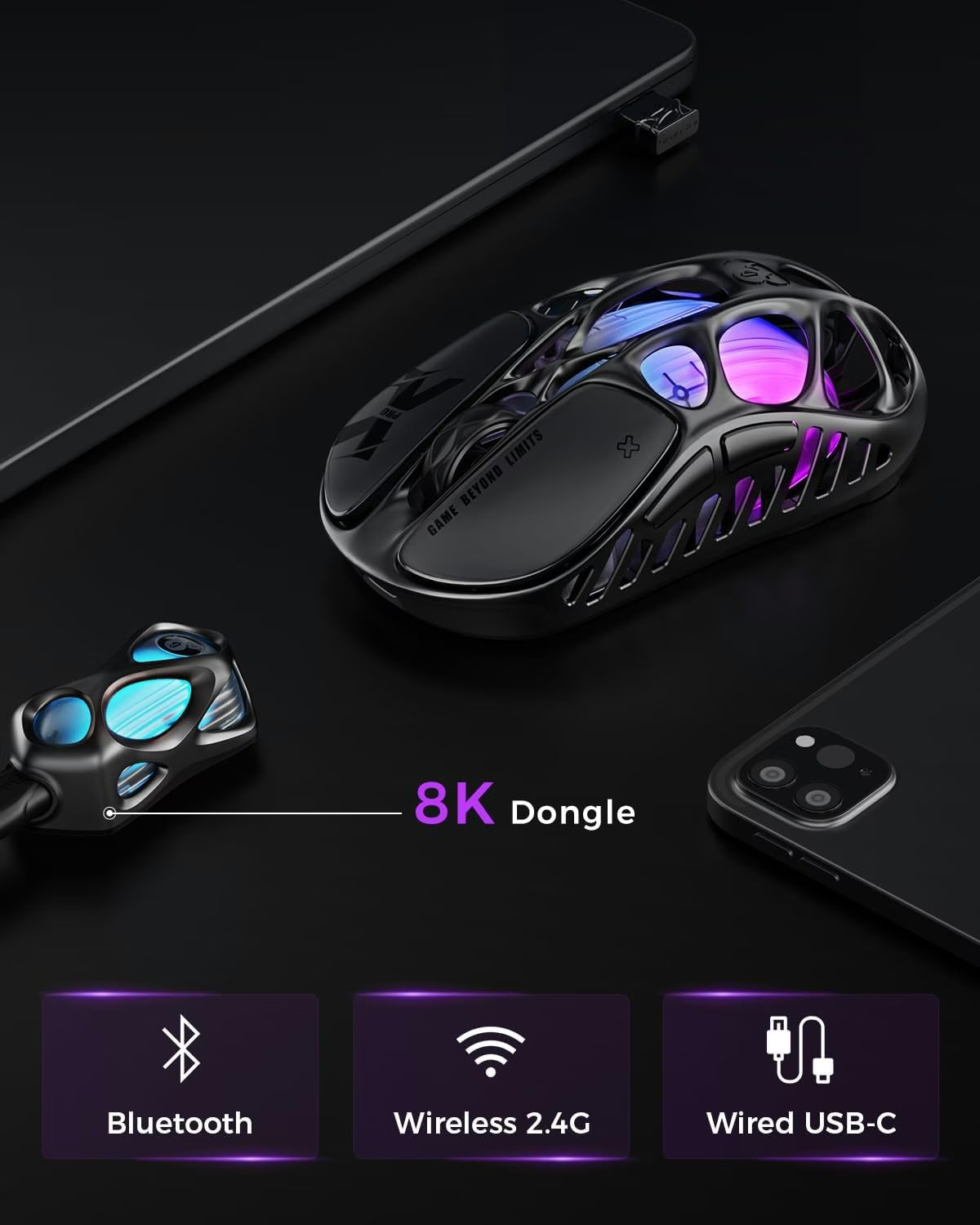 GravaStar Mercury X Pro Wireless Gaming Mouse, Come with 8K Dongle – 32,000 DPI PAW 3950 Sensor, 8,000Hz Polling Rate, Only 49g, Magnesium Alloy Hollow Frame, RGB Lighting, 5 Programmable Buttons