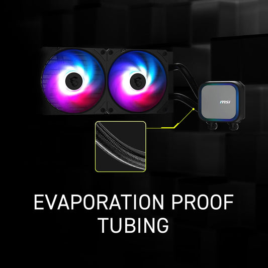 MSI MAG CORELIQUID A13 240 Liquid CPU Cooler, 240mm Radiator Size, 2x Pre-Installed Fans, 3800 RPM Pump Speed, 62.6 CFM Fan Airflow, Rifle Bearing Fan Type, Black