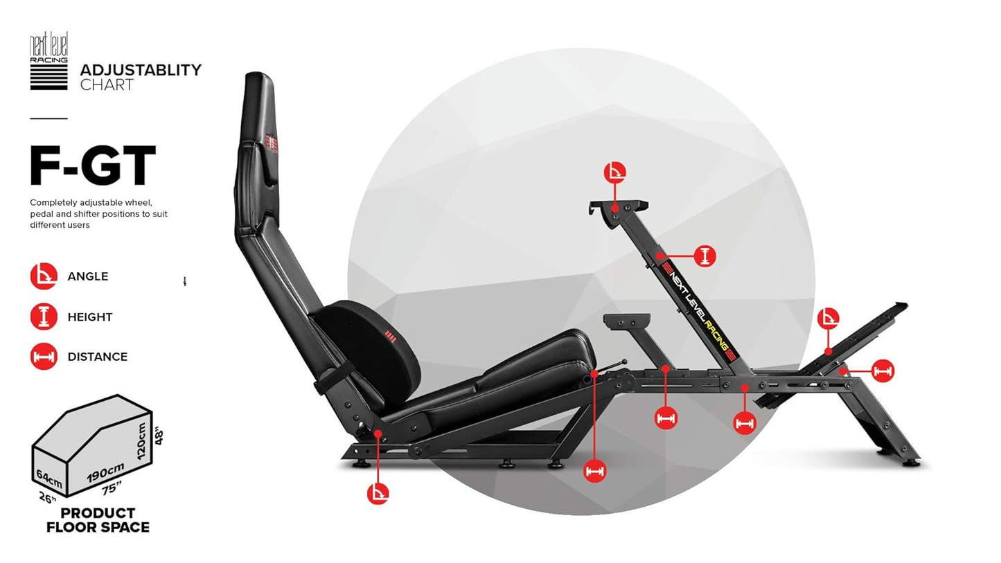 Next Level Racing F-GT Racing Simulator Cockpit. Formula and GT racing simulator cockpit compatible with Thrustmaster, Fanatec, Moza Racing on PC, Xbox and PS