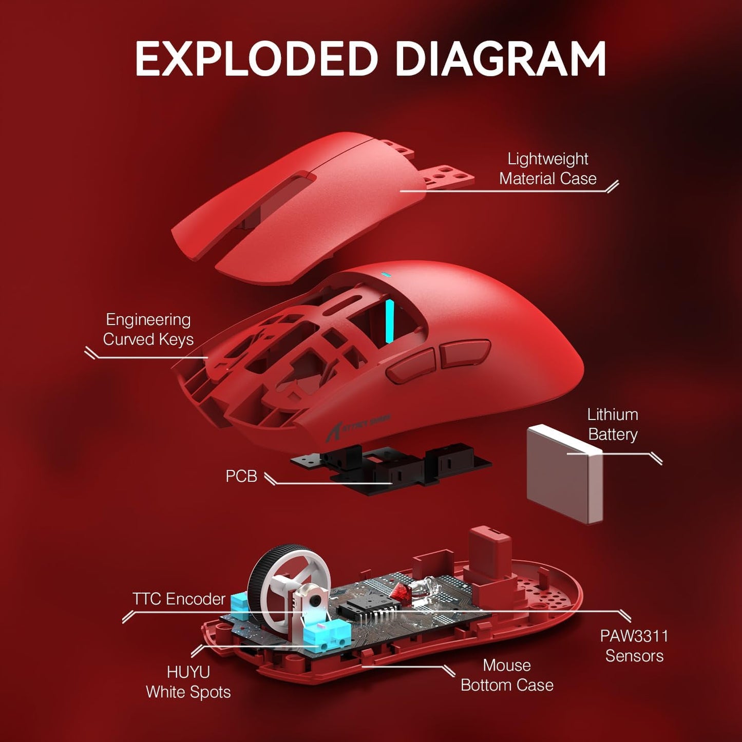 ATTACK SHARK X11 Lightweight Wireless Gaming Mouse with RGB Charging Dock,Tri-Mode-2.4G/USB-C Wired/BT,22K DPI,PAW3311 Optical Sensor,HUYU Switch, 5 programmable Buttons for PC,Mac-Red