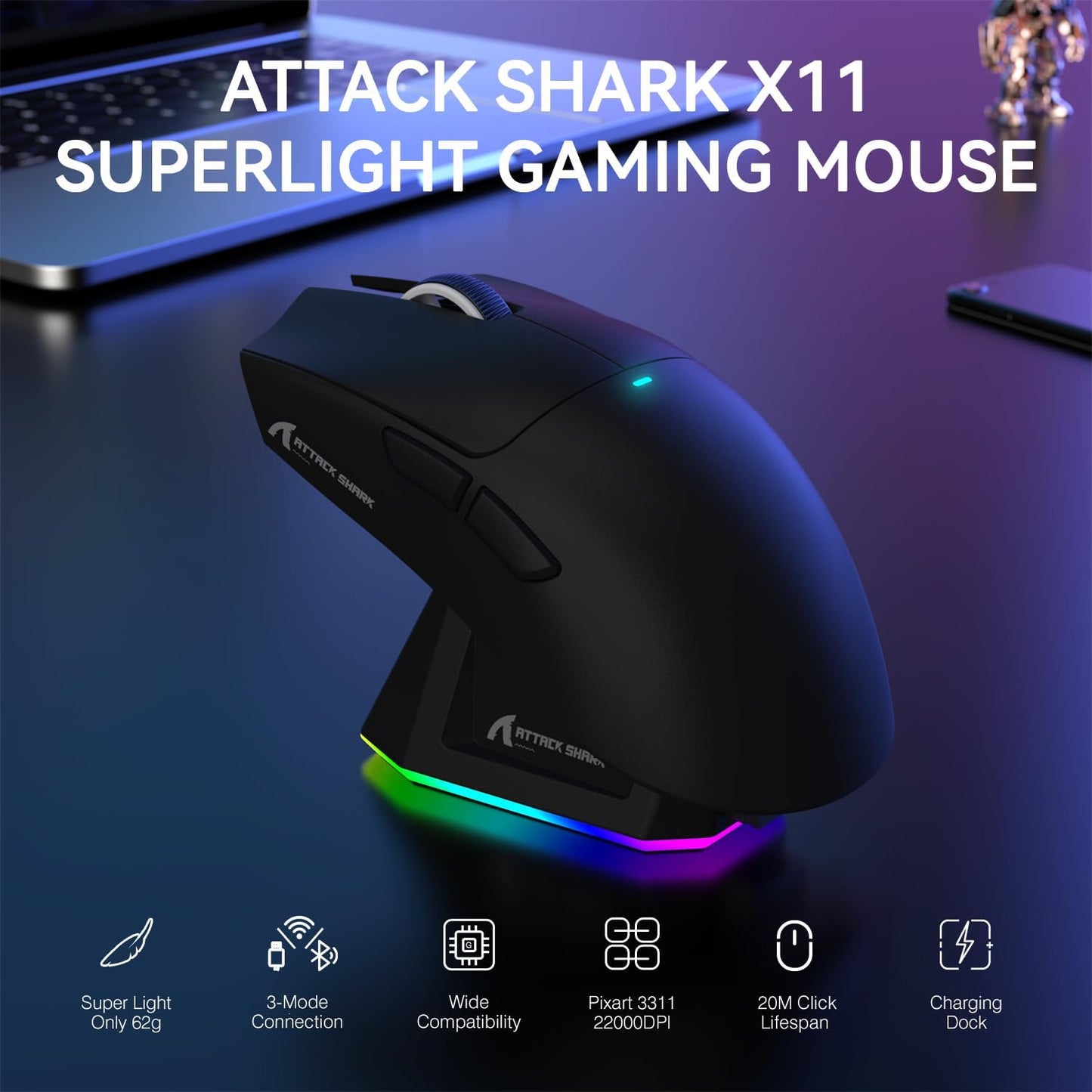 ATTACK SHARK X11 Lightweight Wireless Gaming Mouse with RGB Charging Dock,Tri-Mode-2.4G/USB-C Wired/BT,22K DPI,PAW3311 Optical Sensor,HUYU Switch, 5 programmable Buttons for PC,Mac-Black