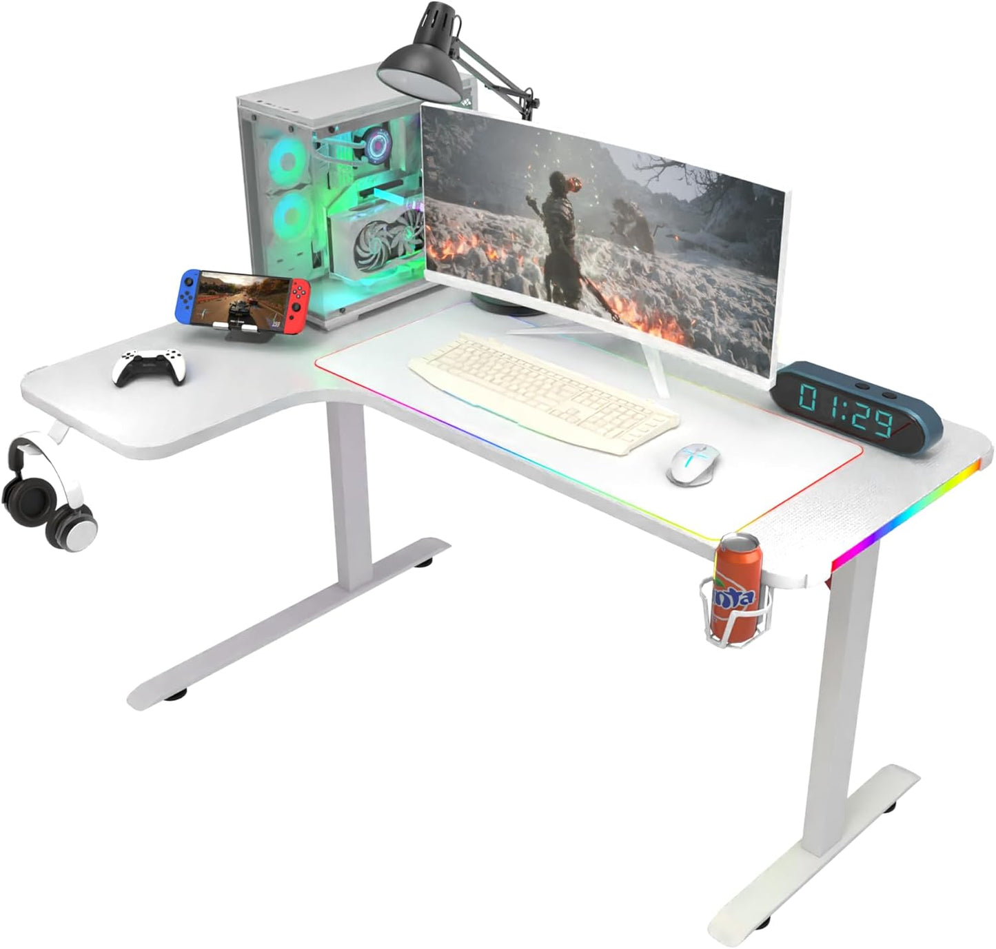 L-Shaped Carbon Fiber Gaming Computer Desk with RGB LED Lighting, Cup Holder, and Headphone Hook (White), GAMLS160-LEFT