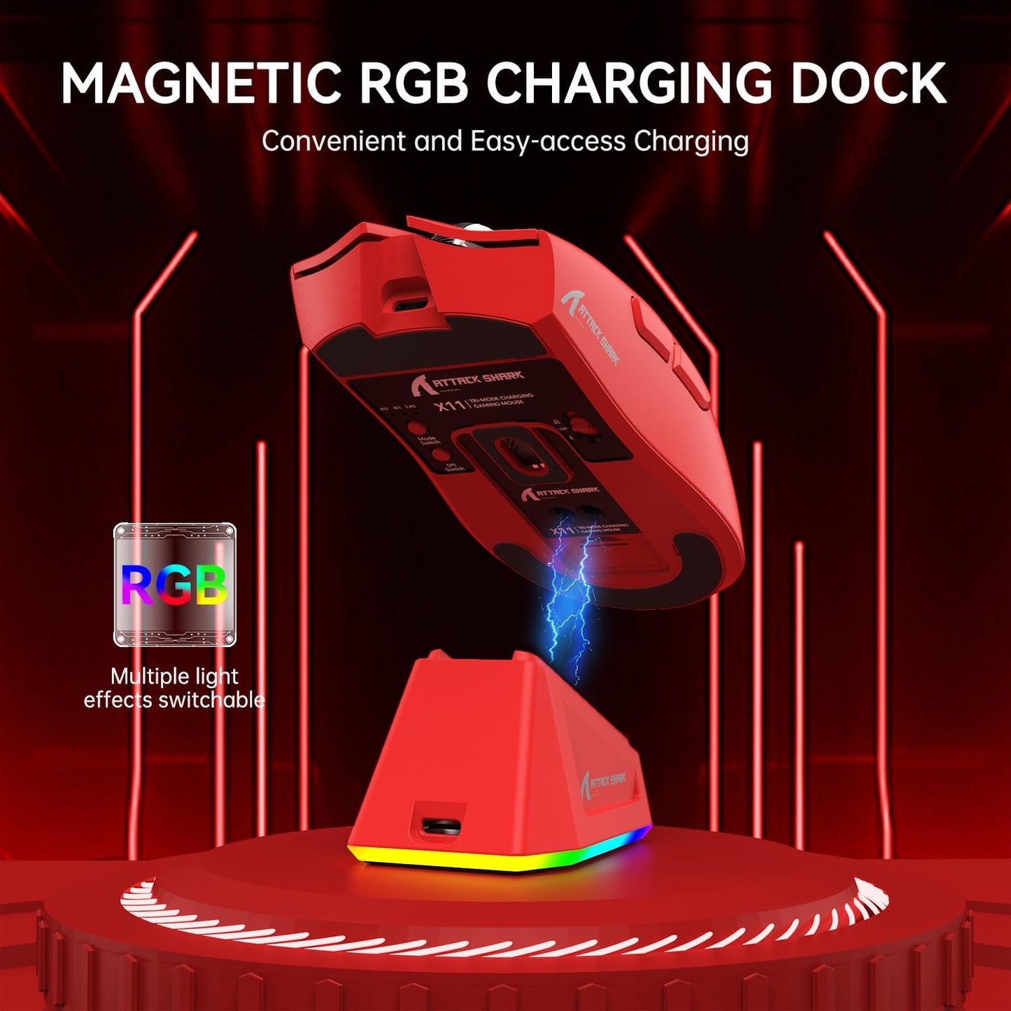 ATTACK SHARK X11 Lightweight Wireless Gaming Mouse with RGB Charging Dock,Tri-Mode-2.4G/USB-C Wired/BT,22K DPI,PAW3311 Optical Sensor,HUYU Switch, 5 programmable Buttons for PC,Mac-Red
