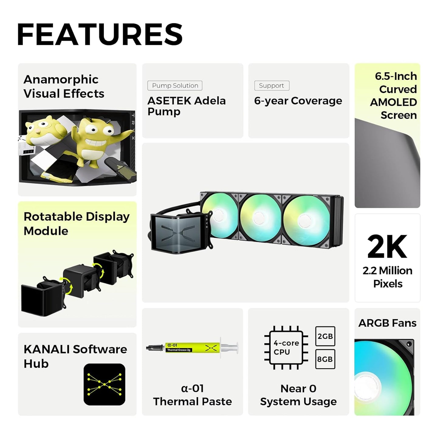 TRYX Panorama SE 360 ARGB Black 360mm AIO Rotatable 6.5'' AMOLED Curved Screen 3D Anamorphic Effect Customizable AIO Cooler 360mm Black Asetek Adela 280w TDP Intel LGA 1851/1700/1200/115X AMD AM5/AM4