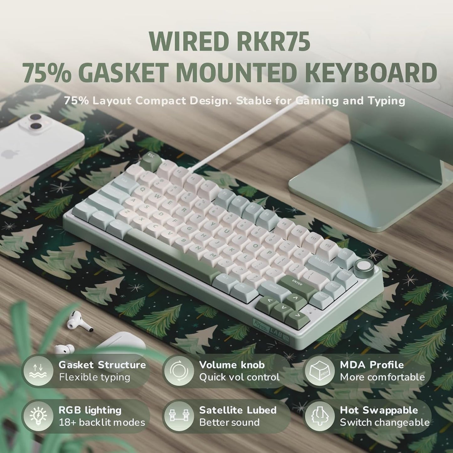 ROYAL Kludge R75 75% Single Mode, Wired Gaming Keyboard, Blue Switch , Sky Cyan ,RKR75-SK-Q
