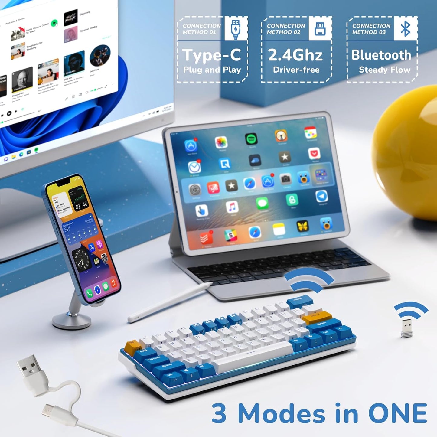 RK ROYAL KLUDGE RK61 Plus Wireless Mechanical Keyboard, 60% Percent Gaming Keyboard