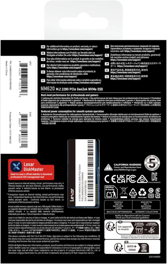 Lexar NM620 512GB SSD, M.2 2280 PCIe Gen3x4 NVMe 1.4 Internal SSD, Up to 3500MB/s Read, 2400MB/s Write, 3D NAND Flash Internal Solid State Drive for PC.