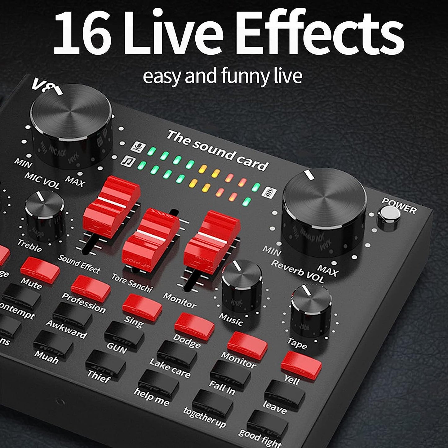 Live Sound Card, 16 Sound Effects V8S Voice Changer Sound Card Wireless Connection, 8 Fun Modes, Sound Mixer Board for Karaoke, Light Design (Black)