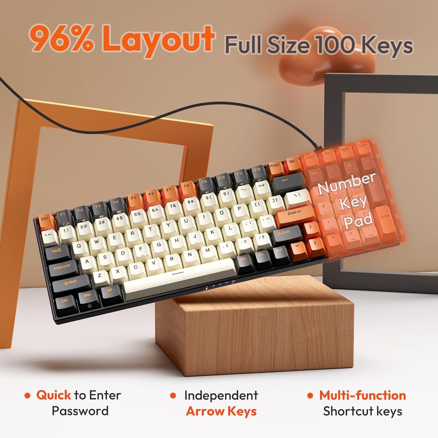 RK ROYAL KLUDGE RK100 Wireless Mechanical Keyboard RGB Backlit Bluetooth5.1/2.4G/Wired 96% Full Size 100-Key Hot Swappable Gaming Keyboard Blue Switch Carbon