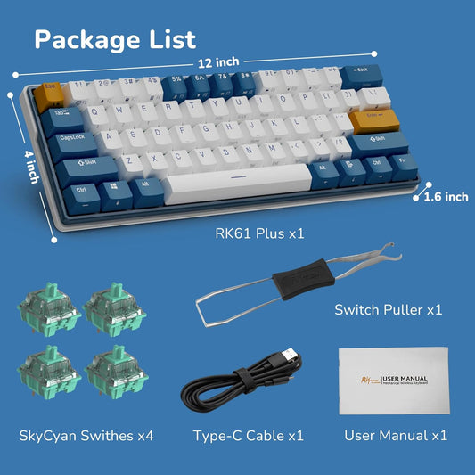 RK ROYAL KLUDGE RK61 Plus Wireless Mechanical Keyboard, 60% Percent Gaming Keyboard