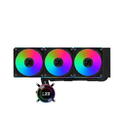 Lian-Li Hydroshift II LCD-C 360CL Liquid CPU Cooler, 2.1" IPS Display, 2600 RPM Fan Speed, 72 CFM Fan Airflow, 2500 RPM Pump Speed, Aluminum Alloy Radiator Material, Black.
