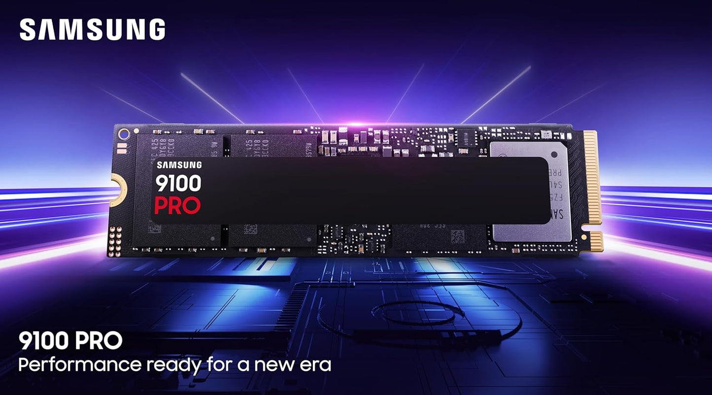 SAMSUNG 9100 PRO PCIe 5.0 NVMe M.2 Internal SSD, 4TB Capacity, V-NAND TLC Type, Up to 14,800 MB/s Sequential Read & Up to 13,400 MB/s Sequential Write, TRIM & SMART Support | MZ-VAP4T0BW