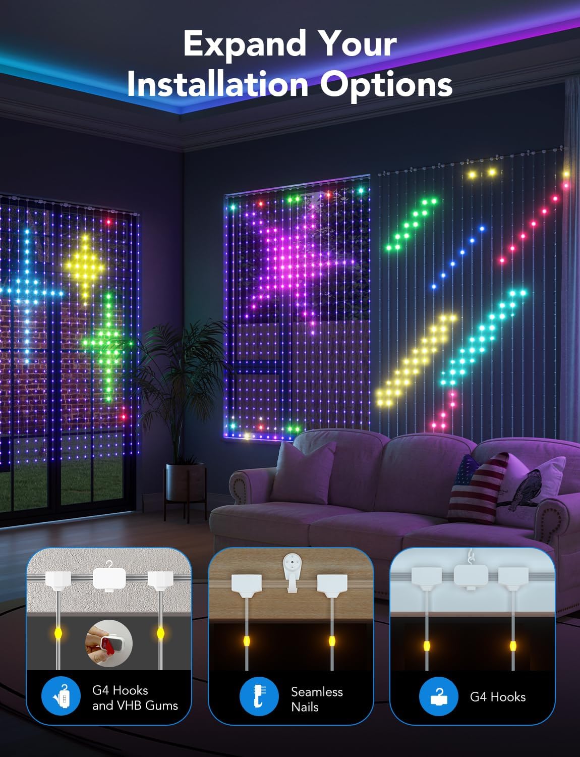 GOVEE CURTAIN LIGHTS, SMART WIFI LED CURTAIN LIGHTS OUTDOOR, 520 RGBIC LEDS - H70B1