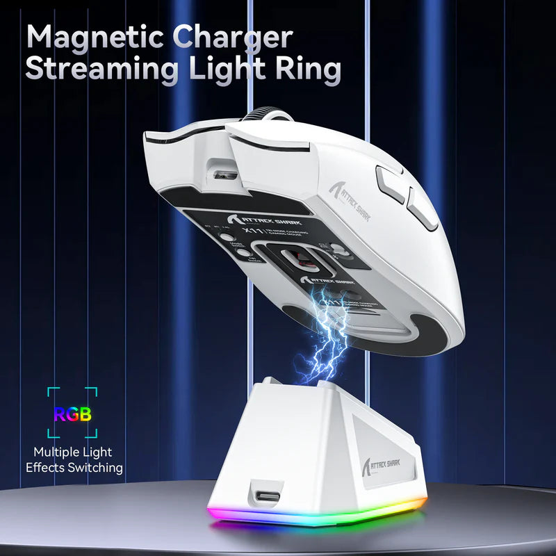 ATTACK SHARK X11 Lightweight Wireless Gaming Mouse with RGB Charging Dock,Tri-Mode-2.4G/USB-C Wired/BT,22K DPI,PAW3311 Optical Sensor,HUYU Switch, 5 programmable Buttons for PC,Mac-White