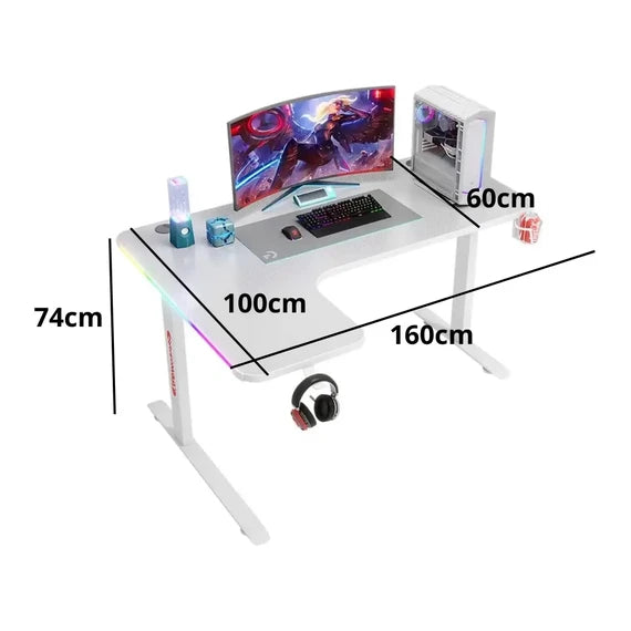 L-Shaped Carbon Fiber Gaming Computer Desk with RGB LED Lighting, Cup Holder, and Headphone Hook (White), GAMLS160-LEFT