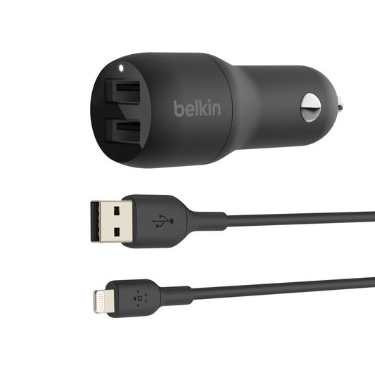 Belkin Dual USB Car Charger 24W + Lightning Cable (Boost Charge Dual Port Car Charger, 2-Port USB Car Charger)
