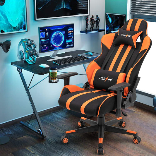 TIANSHU Fabric & PU Leather Ergonomic Chair with Headrest and Lumbar Pillow Adjustable Swivel Gaming chair-Orange Black